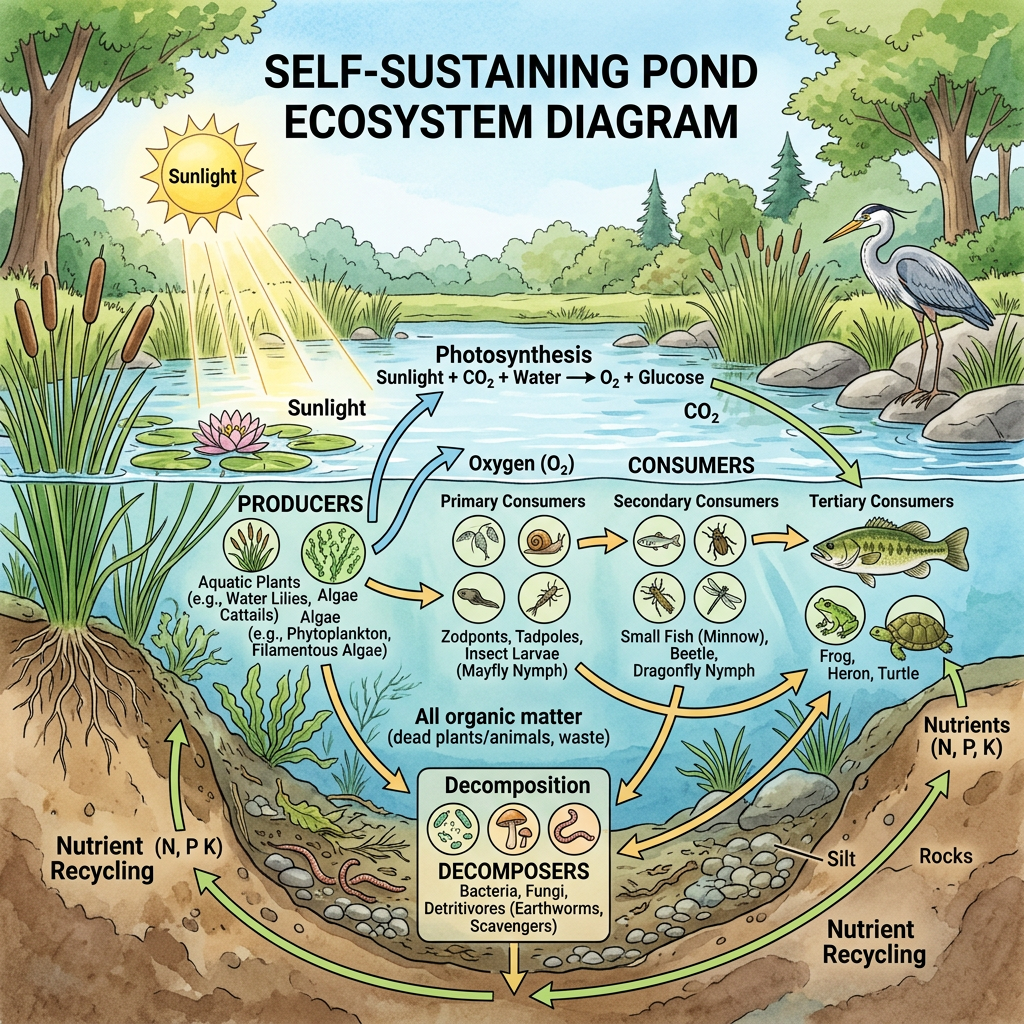 Self-sustaining pond ecosystem diagram showing producers, consumers, decomposers, photosynthesis, and nutrient recycling